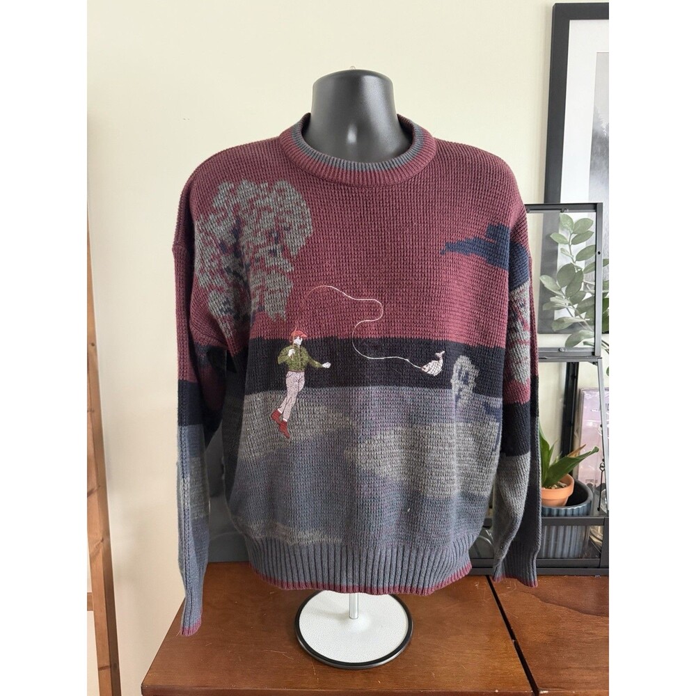 Vintage 80s Windjammer Bay Fly Fishing Sweater Mens L Fisherman Scenic Knit